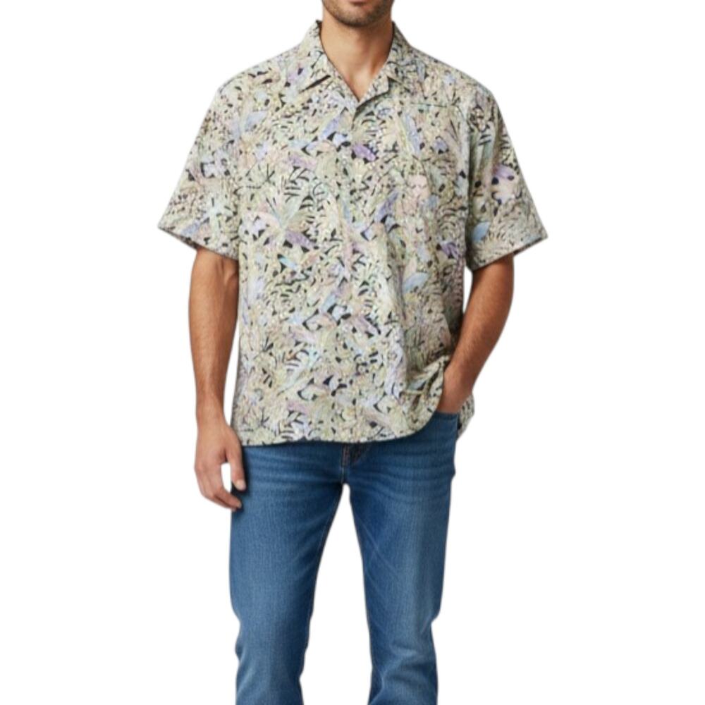 Pierre Cardin Hawaiian Shirt Mens XL Tropical Leaf Print Tan Purple Blue Cotton